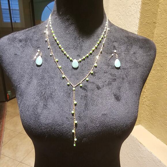 Gold Tone Green Stone Layered Necklace & Earring Set Boho Modern Jewelry - Picture 3 of 8